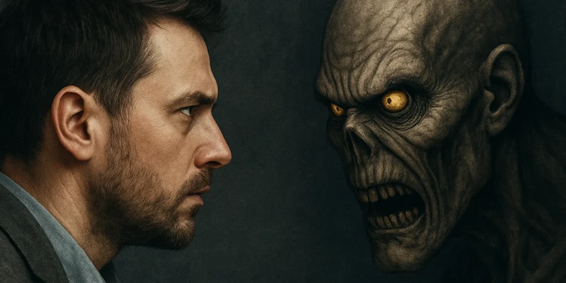 Gældsstyrelsen - mand kigger direkte ind i Fandens øjne