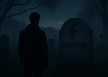 Mand står i tusmørke og kigger på gravsten med teksten: Facebook