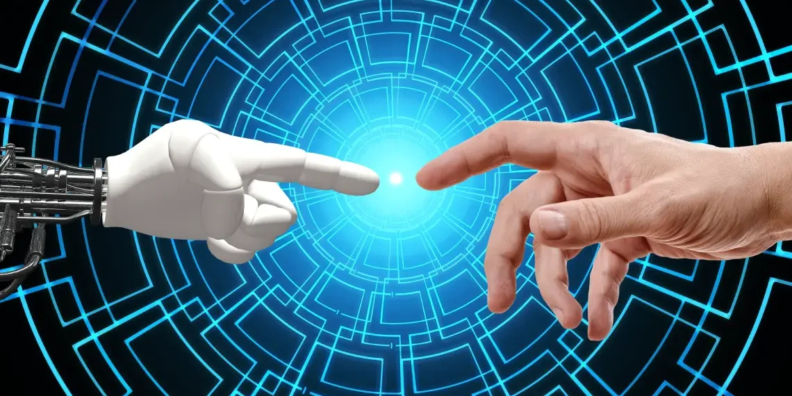 kunstig intelligens - menneskehånd møder AI-hånd