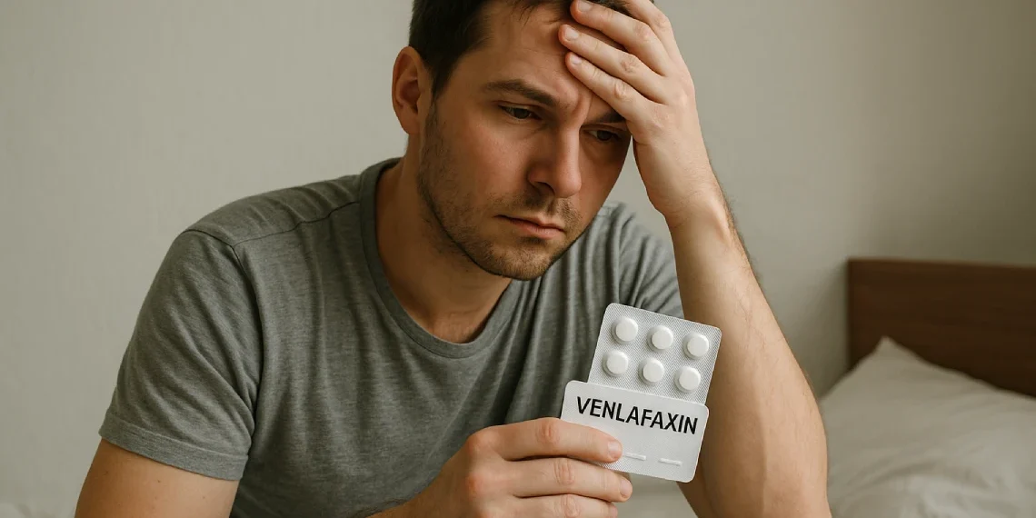 Venlafaxin mand sidder på sengekant med et ark af pillen