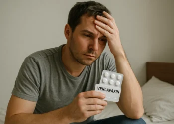 Venlafaxin mand sidder på sengekant med et ark af pillen